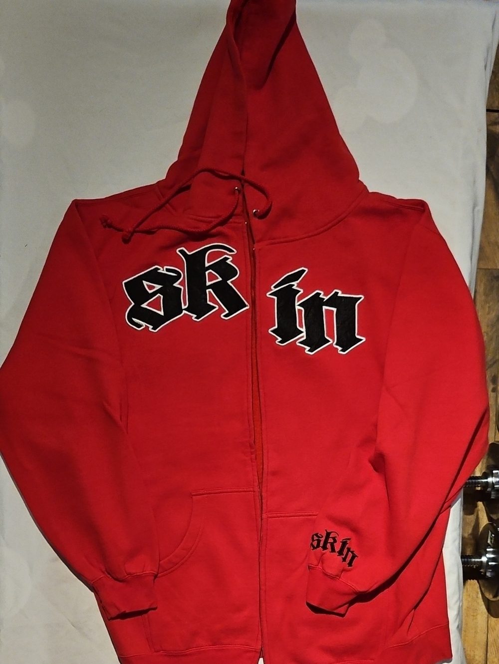Red Zip-Up Hoodie with Gothic Logo